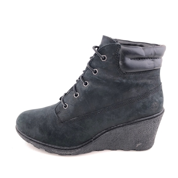 Timberland EK Amston Black Leather Wedge Ankle Boots 9 - Picture 1 of 13